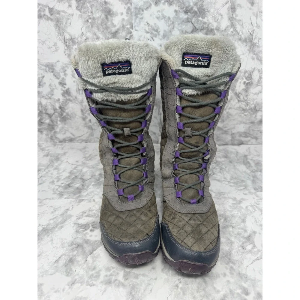 Patagonia Nickel Waterproof Winter Boots Womens 9 Quilted Leather Faux Fur Grey